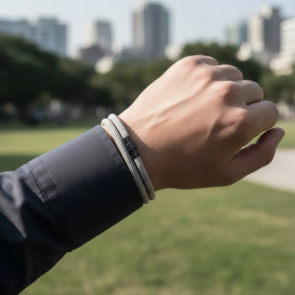 Homem usando pulseira masculina de corda cinza com fecho preto em um parque urbano.