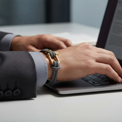 Homem digitando no notebook enquanto usa pulseira masculina de corda cinza com fecho dourado.