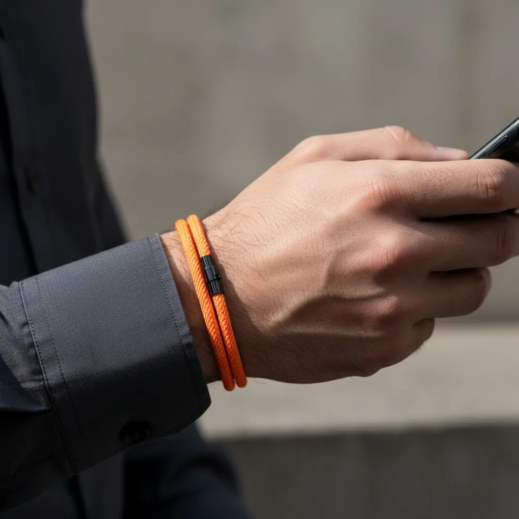 Homem usando celular e pulseira masculina de corda laranja de volta dupla no pulso.
