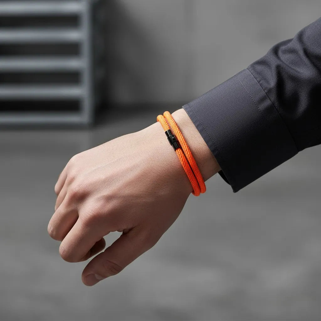 Detalhe de pulseira masculina de corda laranja de volta dupla com fecho preto no pulso.