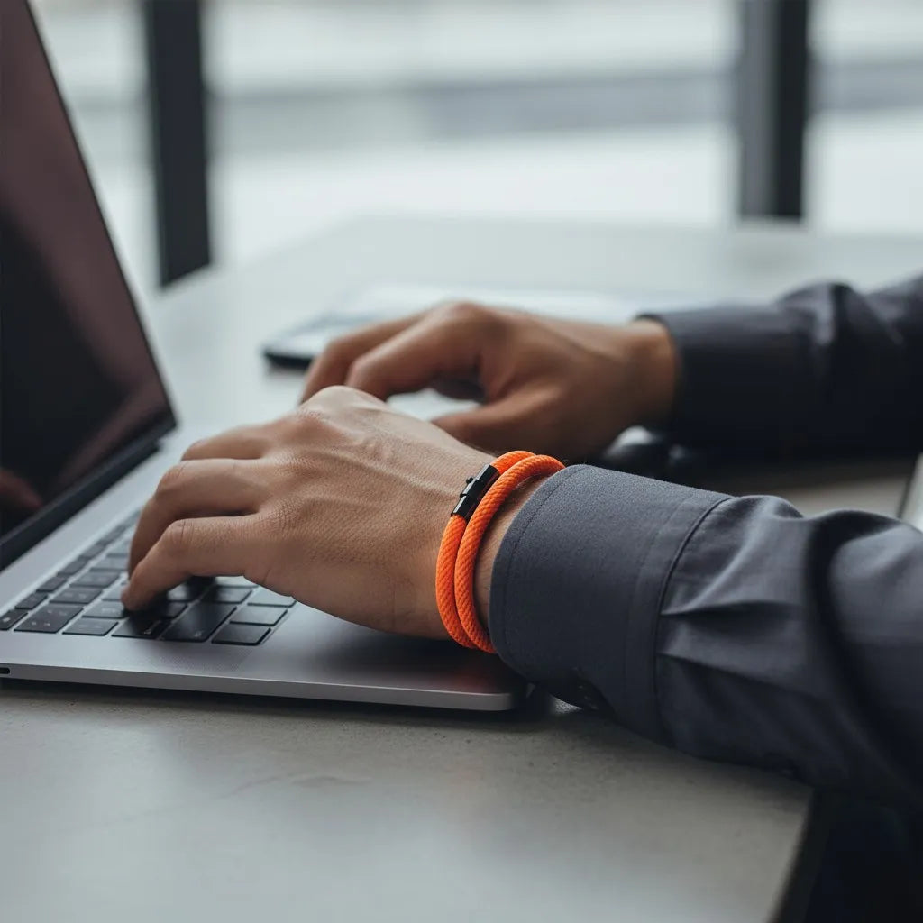 Homem trabalhando no notebook e usando pulseira masculina de corda laranja com fecho preto.