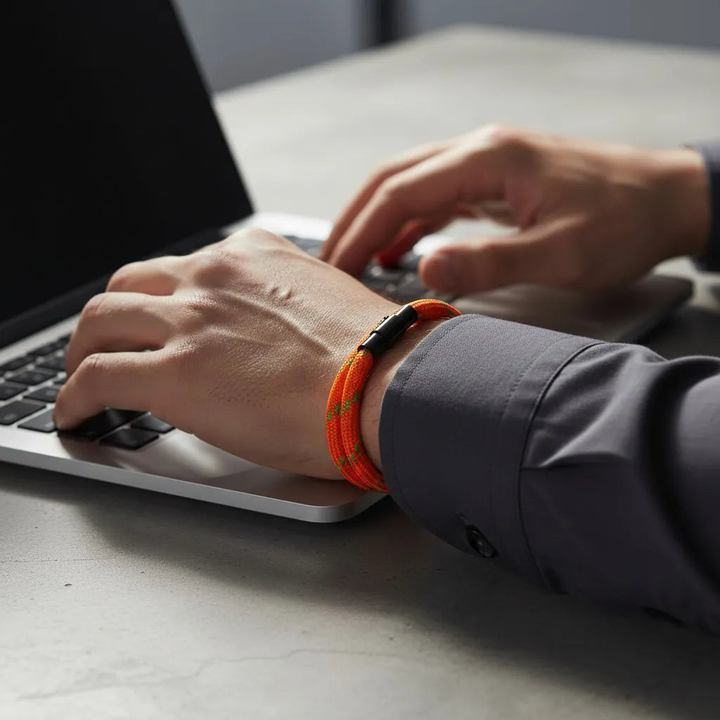 Homem trabalhando no notebook enquanto usa pulseira masculina de corda laranja com volta dupla e fecho preto.