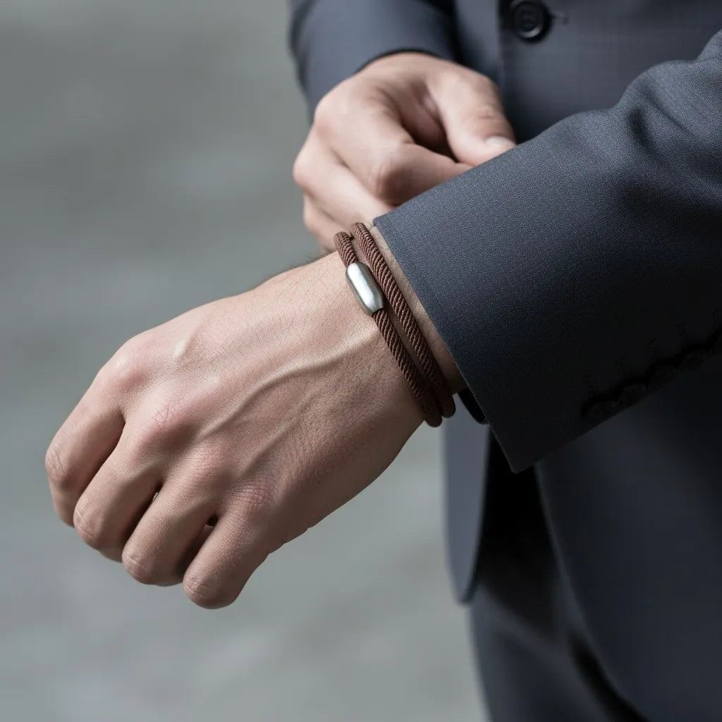 Close da pulseira masculina de corda marrom com volta dupla e fecho metálico prateado sendo ajustada no pulso.