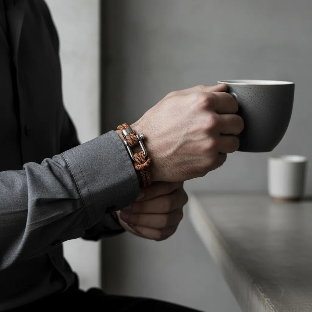 Homem segurando uma caneca e usando pulseira masculina de corda marrom com fecho metálico prateado.