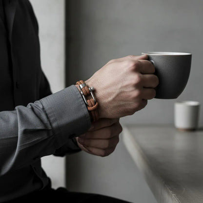 Homem segurando uma caneca e usando pulseira masculina de corda marrom com fecho metálico prateado.