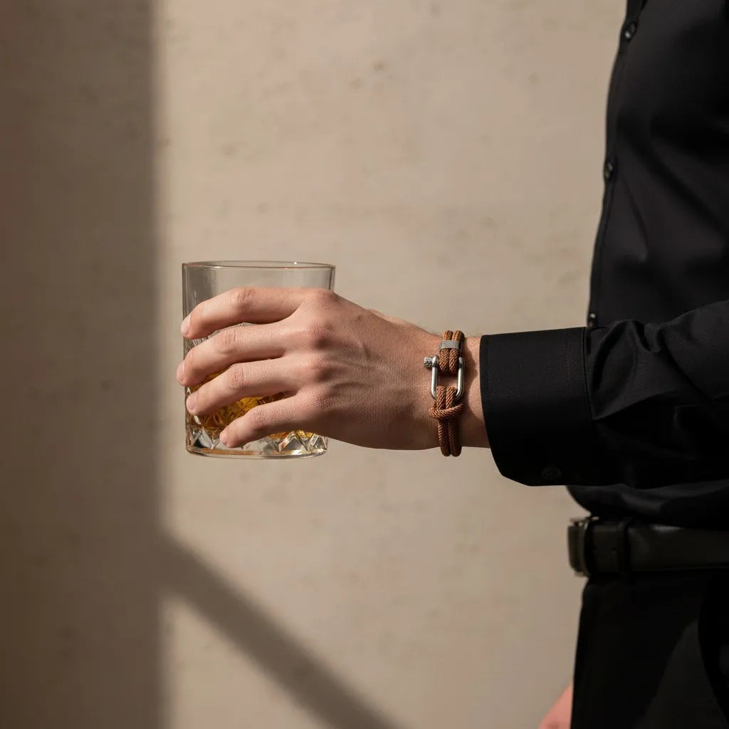 Homem segurando um copo e usando pulseira masculina de corda marrom com fecho prateado.
