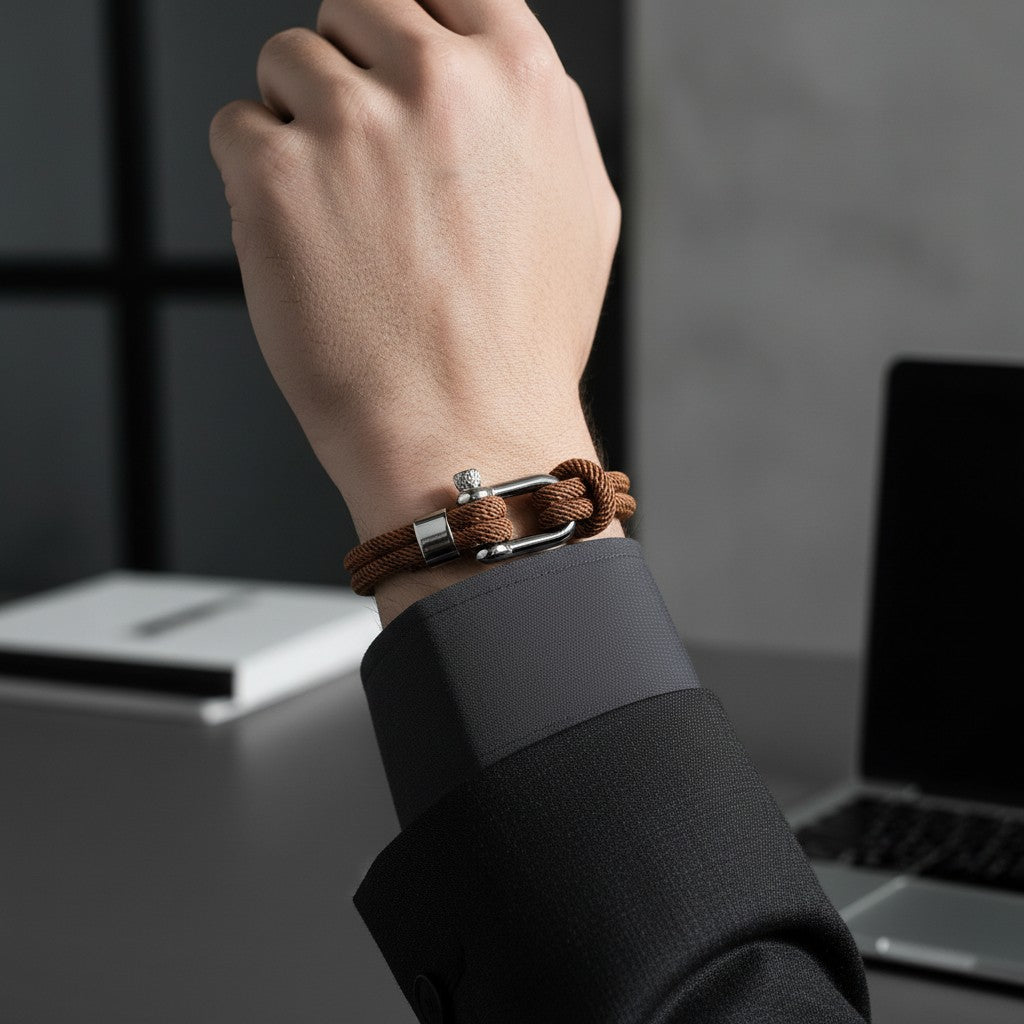 Pulseira masculina de corda marrom com fecho metálico prateado em ambiente de escritório.
