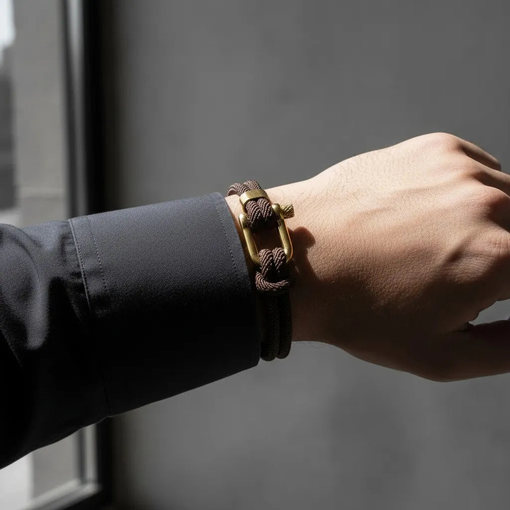 Close da pulseira masculina de corda marrom com nós aparentes e fecho metálico dourado no pulso.