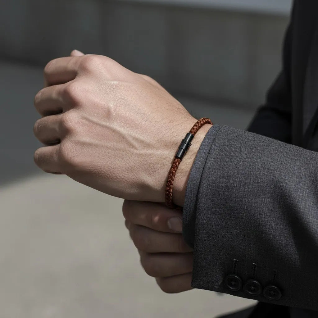Pulseira masculina de corda marrom fina com fecho metálico preto, usada com terno cinza.