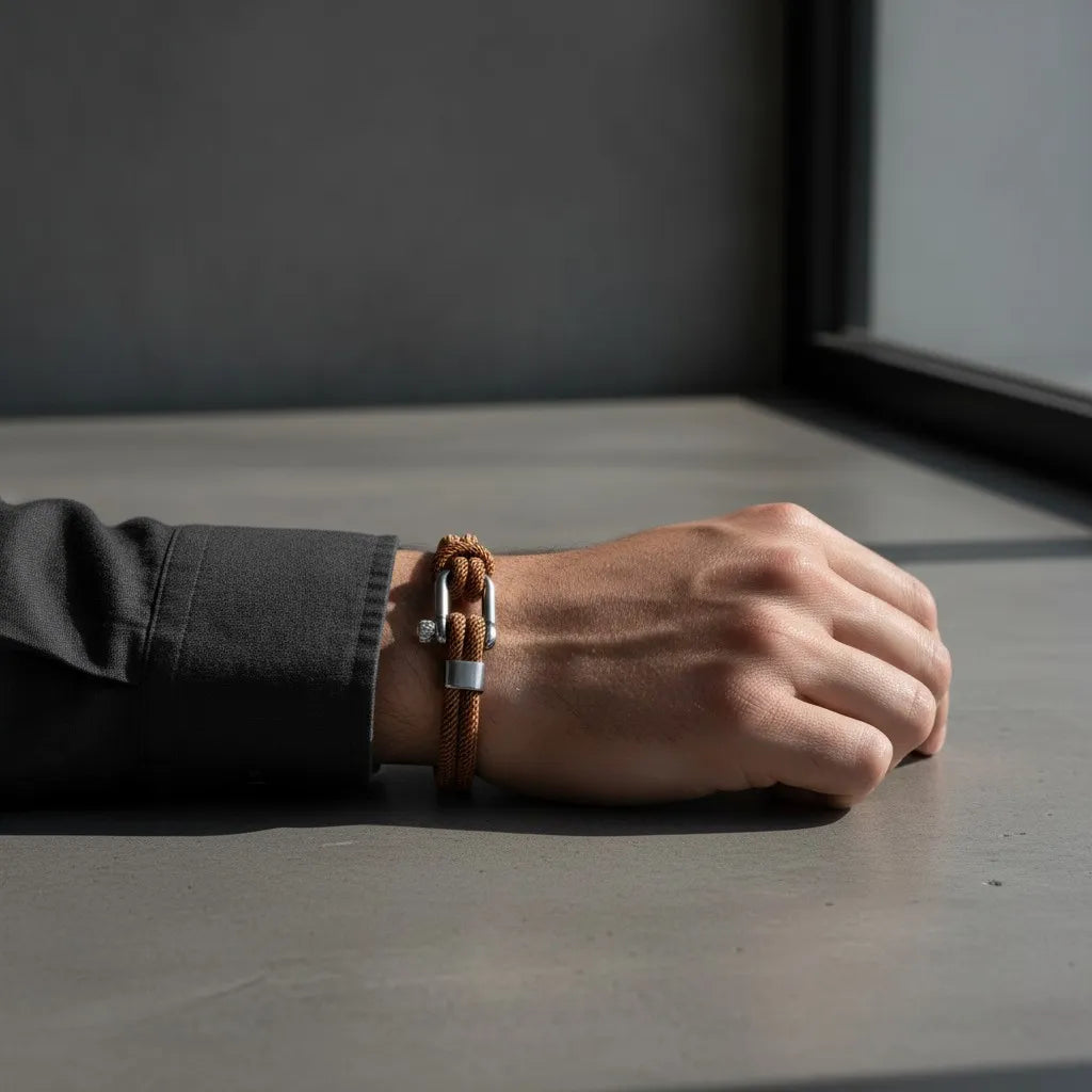 Detalhe de pulseira masculina de corda marrom com fecho metálico prateado no pulso.