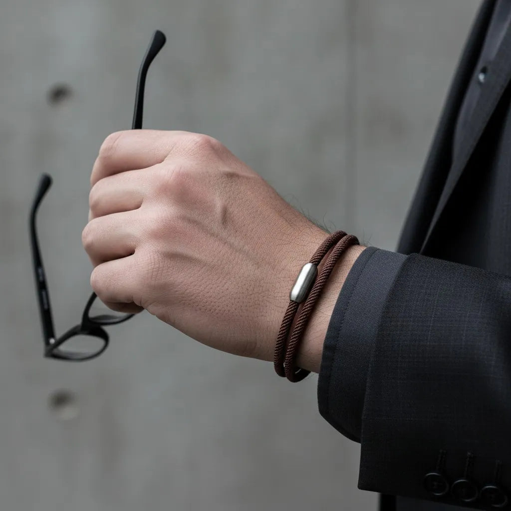 Homem segurando um óculos enquanto usa pulseira masculina de corda marrom com volta dupla e fecho metálico prateado.