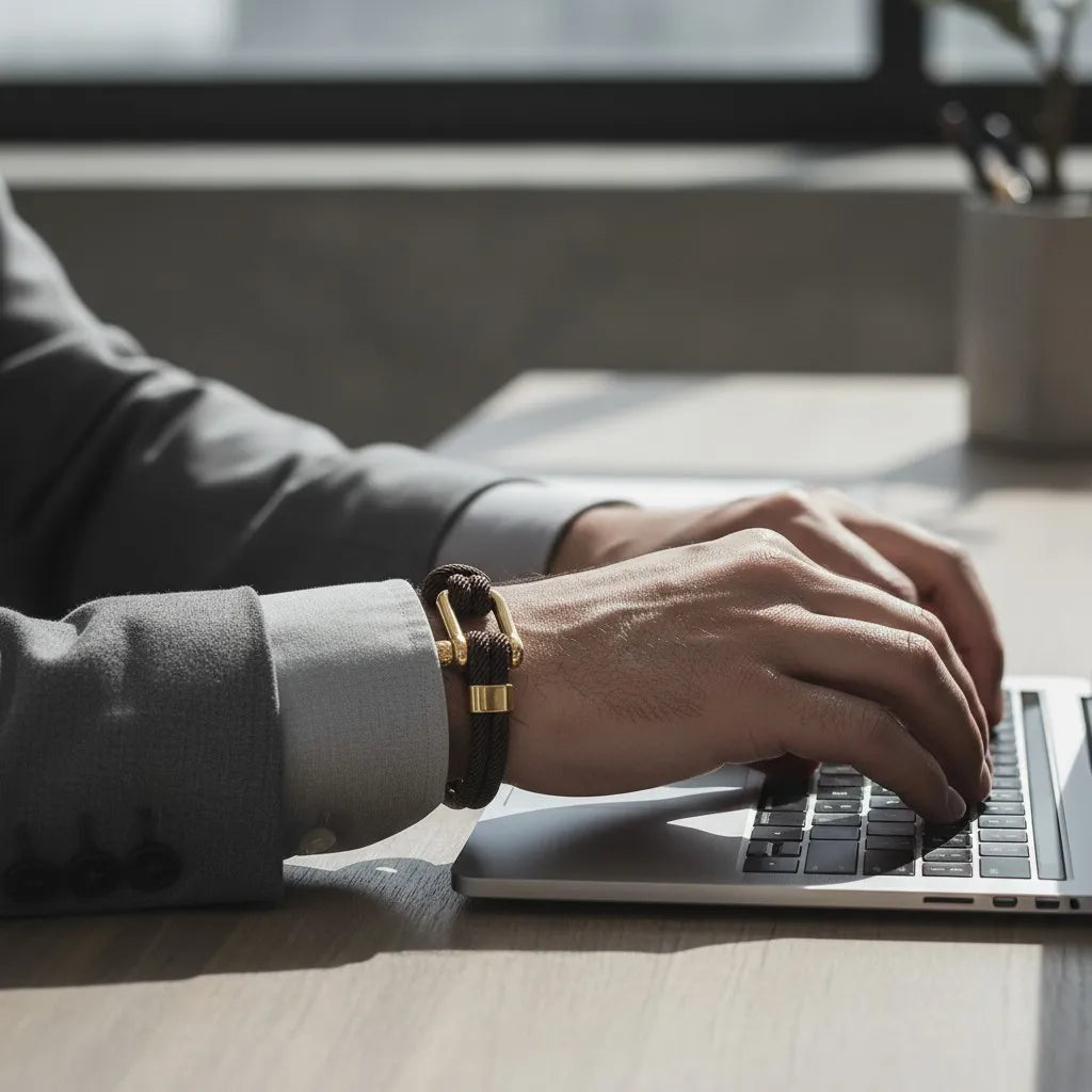 Homem trabalhando no notebook enquanto usa pulseira masculina de corda marrom com fecho metálico dourado.