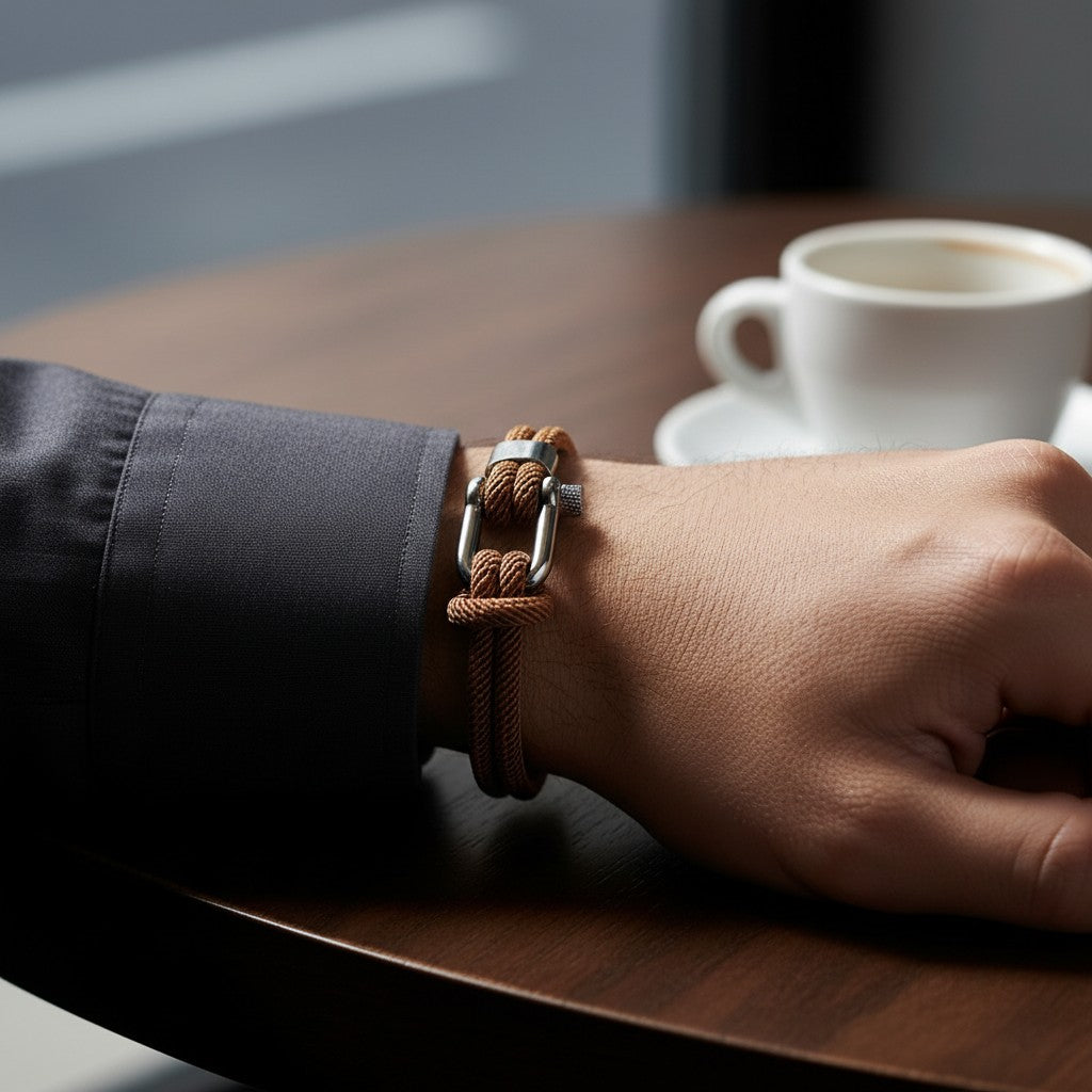 Homem usando pulseira masculina de corda marrom com fecho prateado ao lado de uma xícara de café.