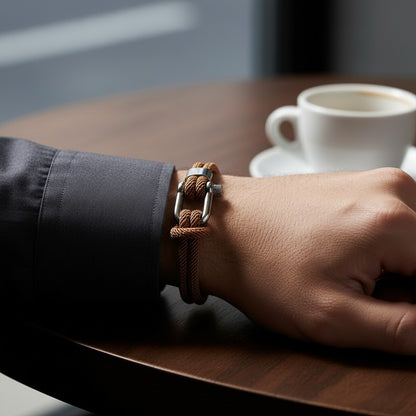 Homem usando pulseira masculina de corda marrom com fecho prateado ao lado de uma xícara de café.