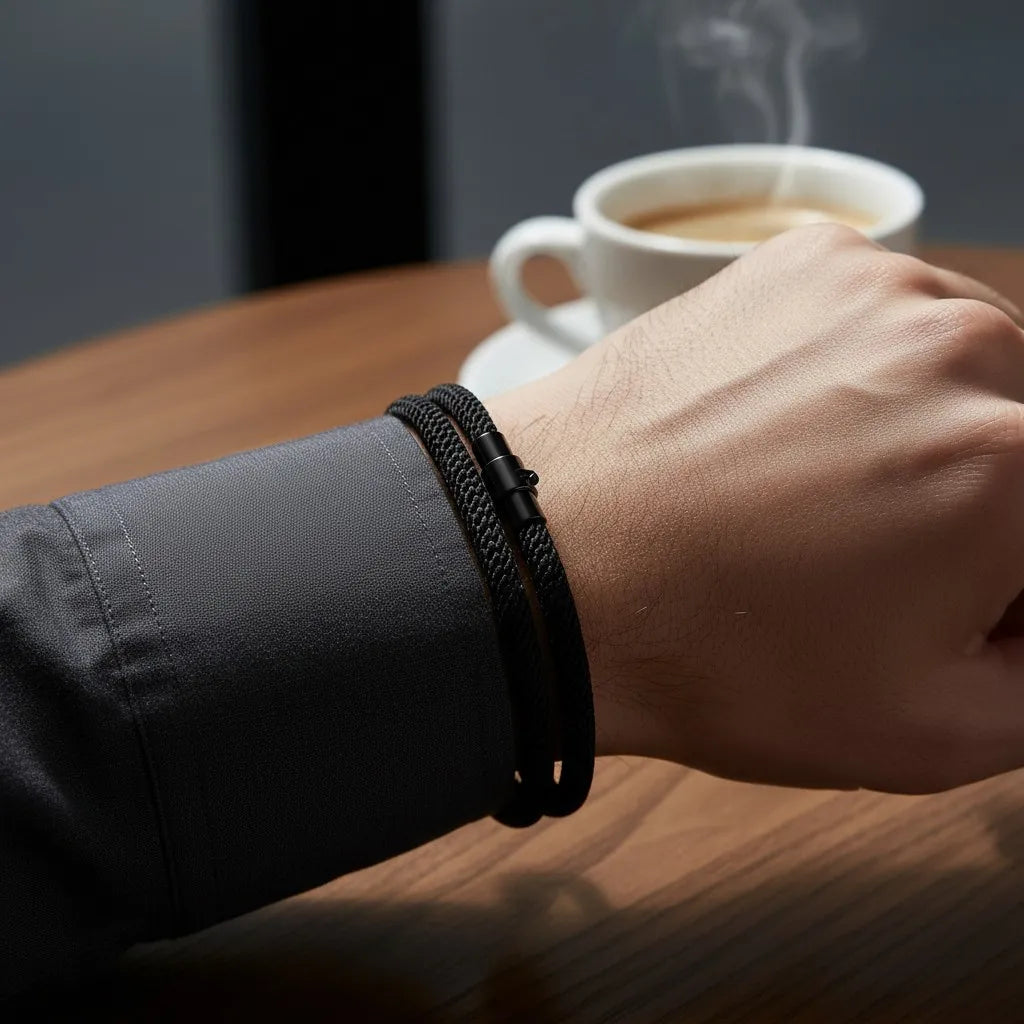 Homem usando pulseira masculina de corda preta durante um café.