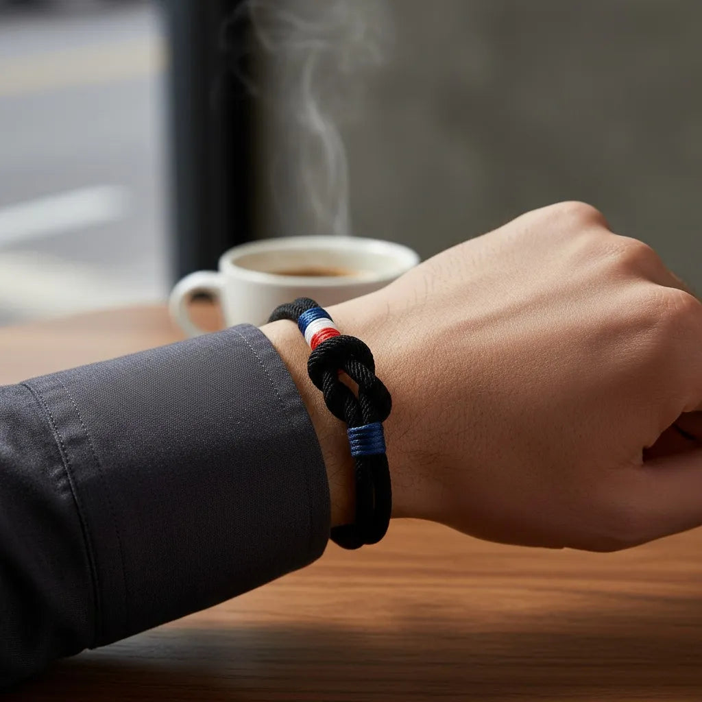 Close da pulseira masculina de corda preta com nó central e detalhes coloridos no pulso, ao lado de uma xícara de café.