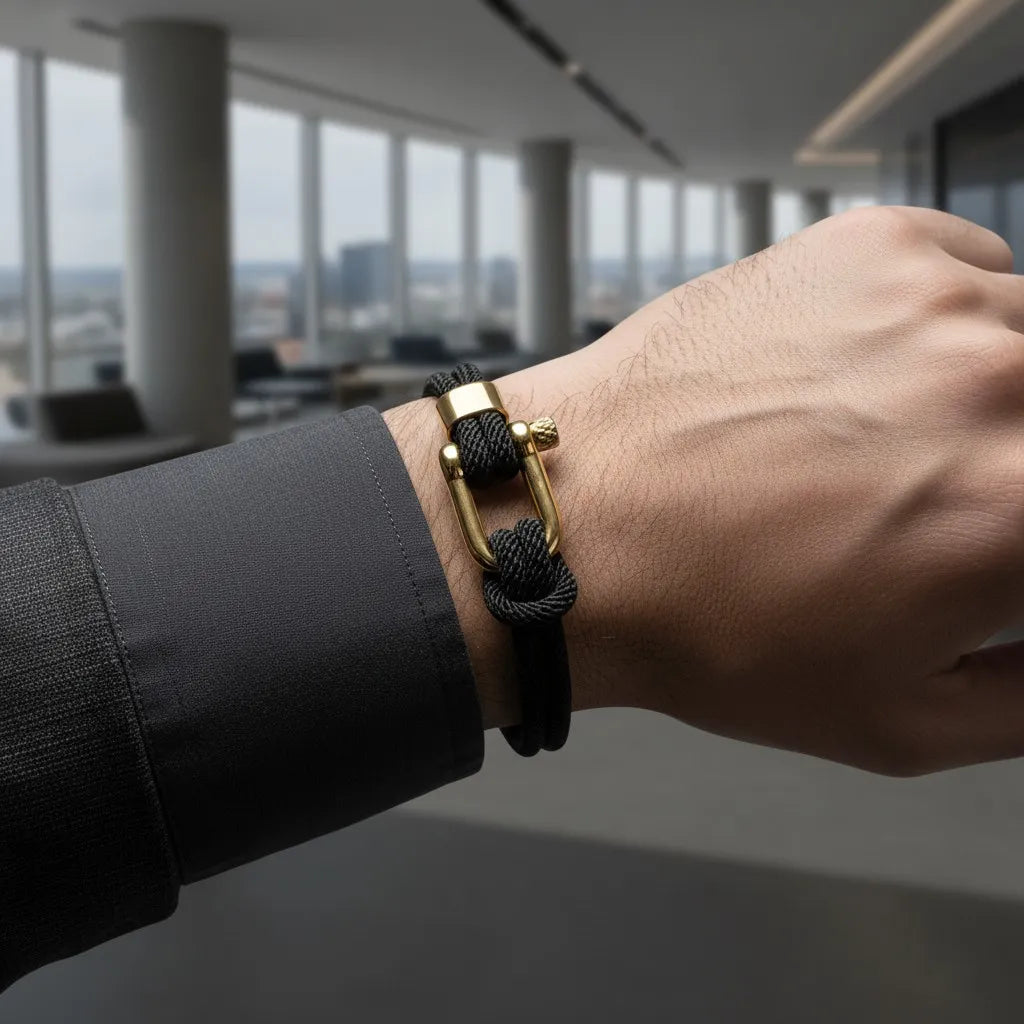 Close da pulseira masculina de corda preta com design sofisticado e fecho dourado em um ambiente corporativo.