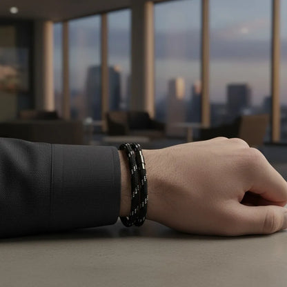 Close de pulseira masculina de corda preta com detalhes brancos e fecho metálico preto sobre o pulso.