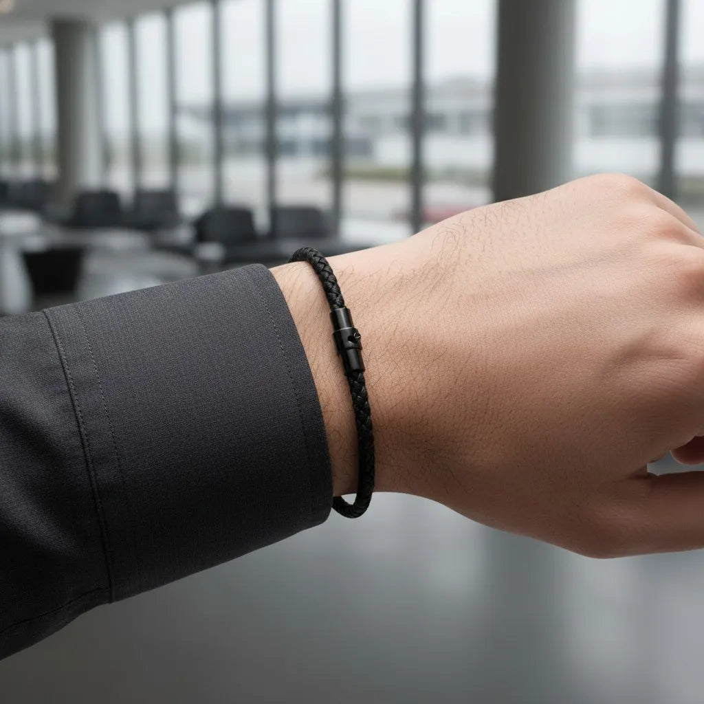 Close de pulseira masculina de corda preta com fecho discreto, usada em ambiente corporativo moderno.