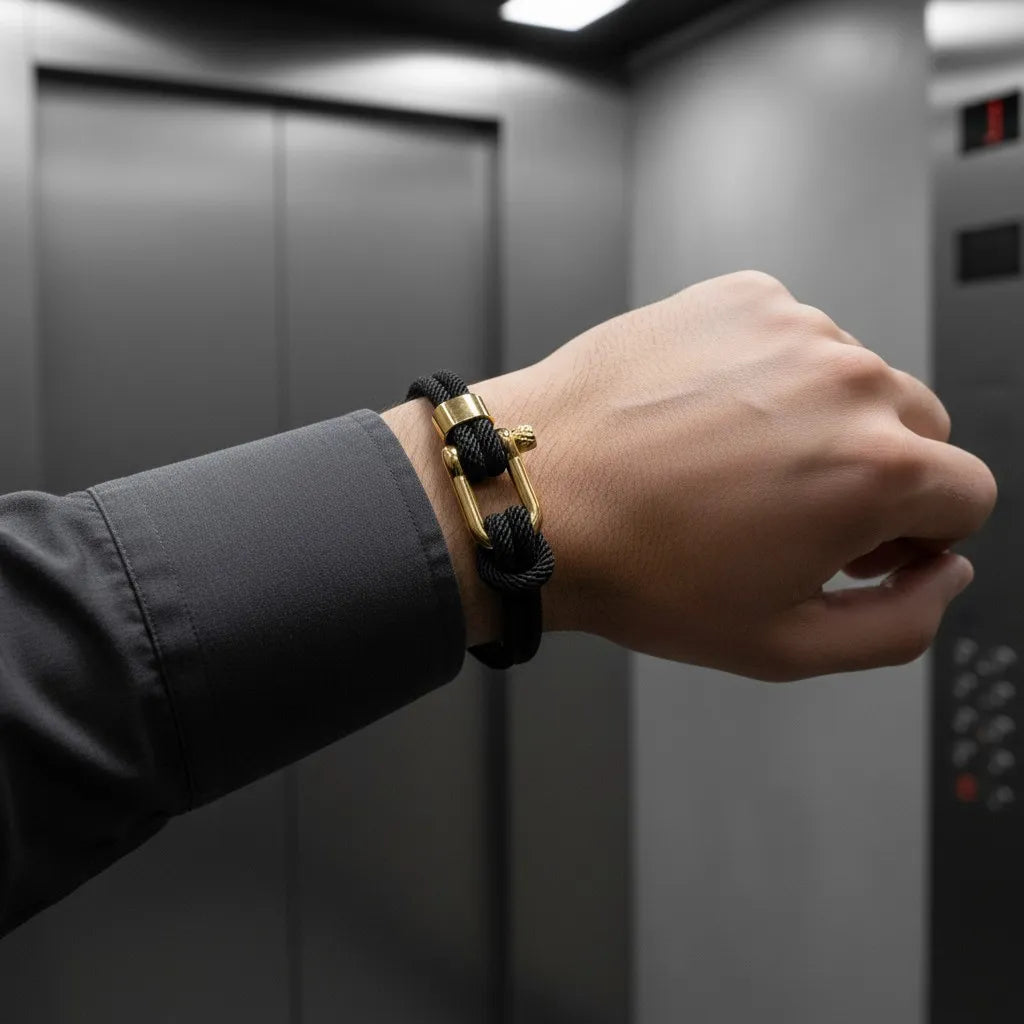 Homem usando pulseira masculina de corda preta com fecho dourado enquanto está dentro de um elevador.