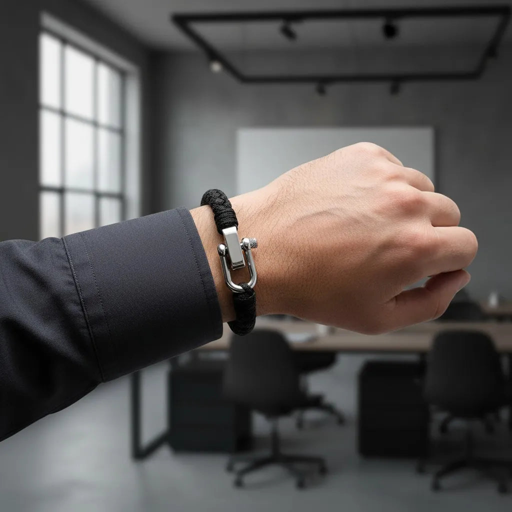 Close no pulso com pulseira masculina de corda preta e fecho metálico prateado em ambiente de escritório.