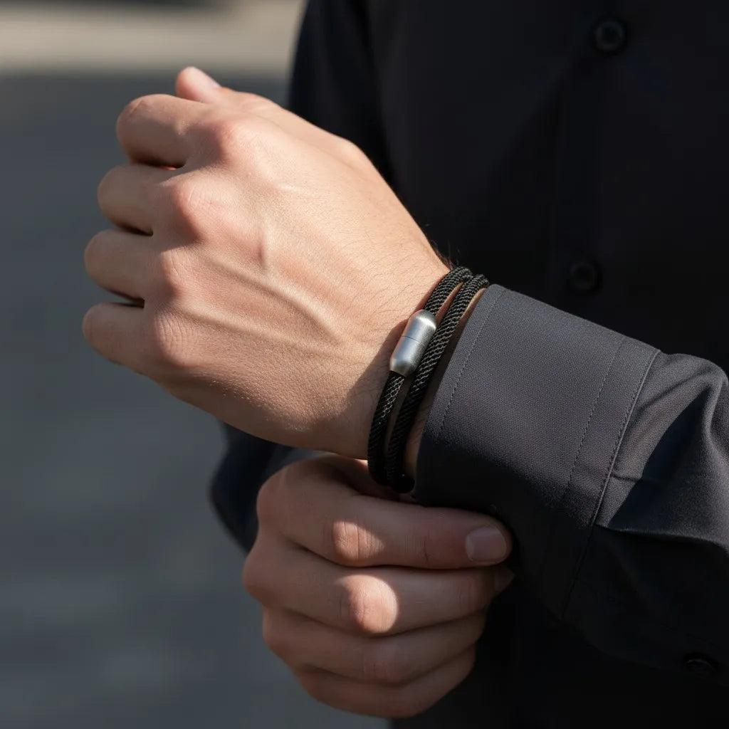 Homem usando pulseira masculina de corda preta com volta dupla e fecho prateado em close no pulso.