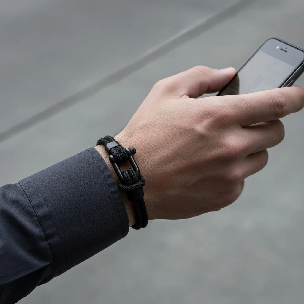 Homem segurando celular enquanto usa pulseira masculina de corda preta com fecho preto no pulso.