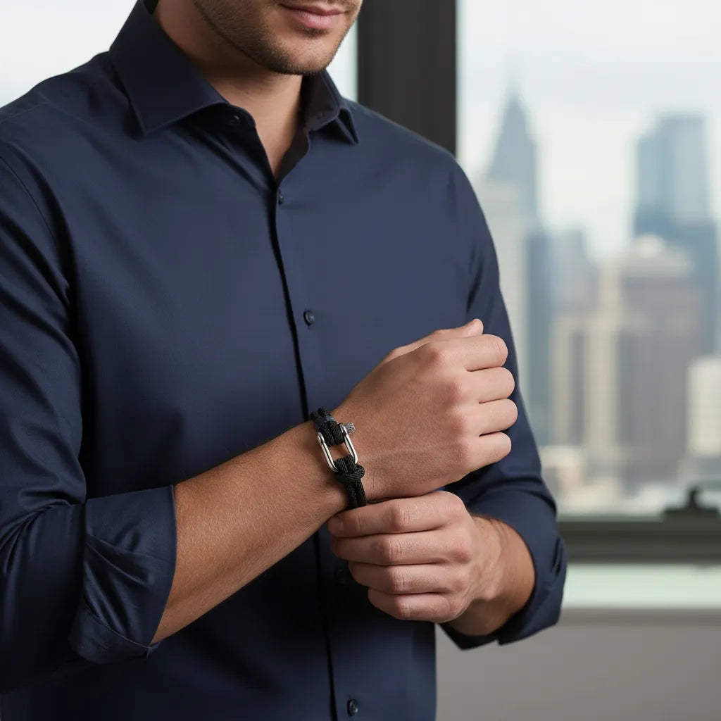Homem com camisa social usando pulseira masculina de corda preta com fecho metálico prateado.