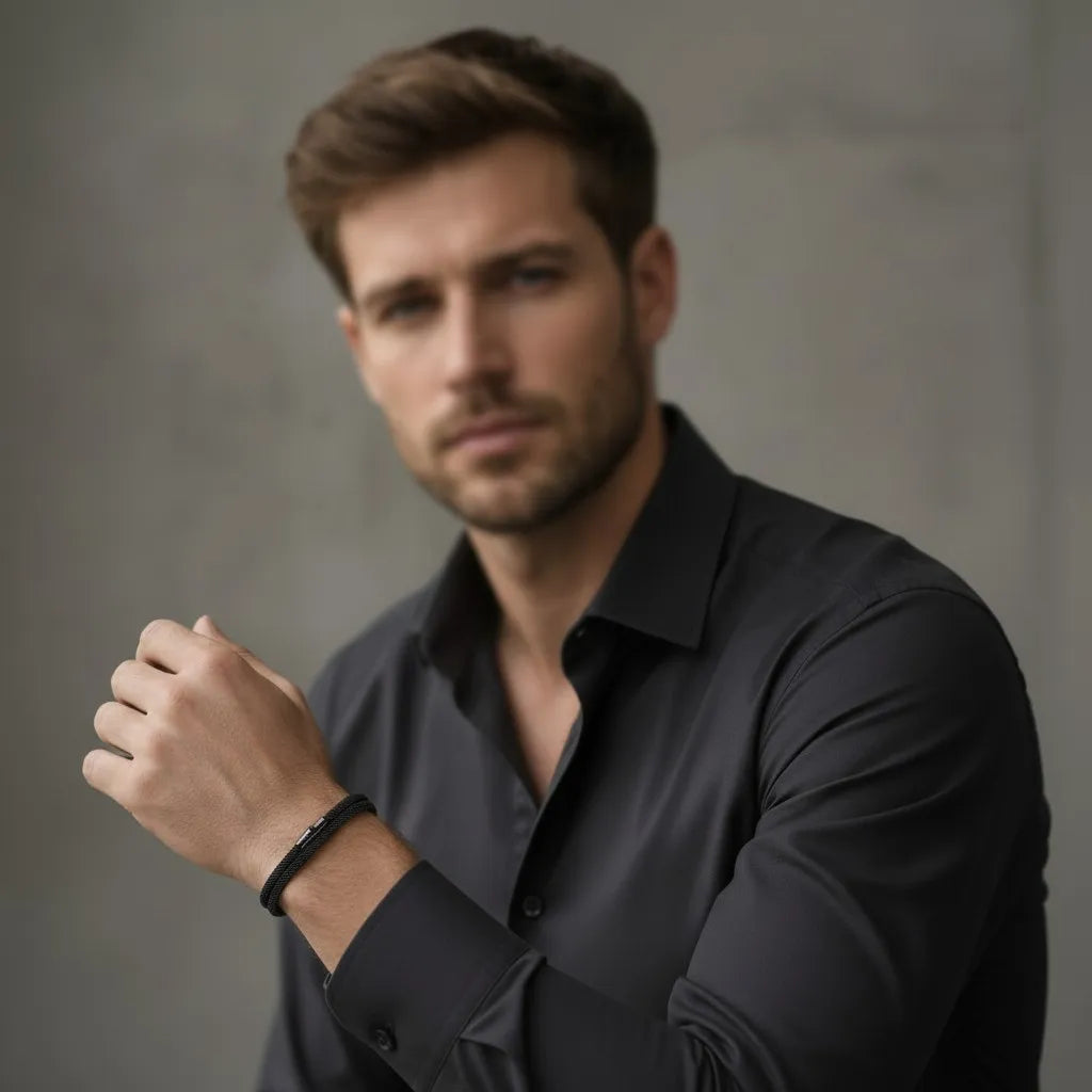 Modelo masculino com camisa preta usando pulseira de corda preta no pulso.
