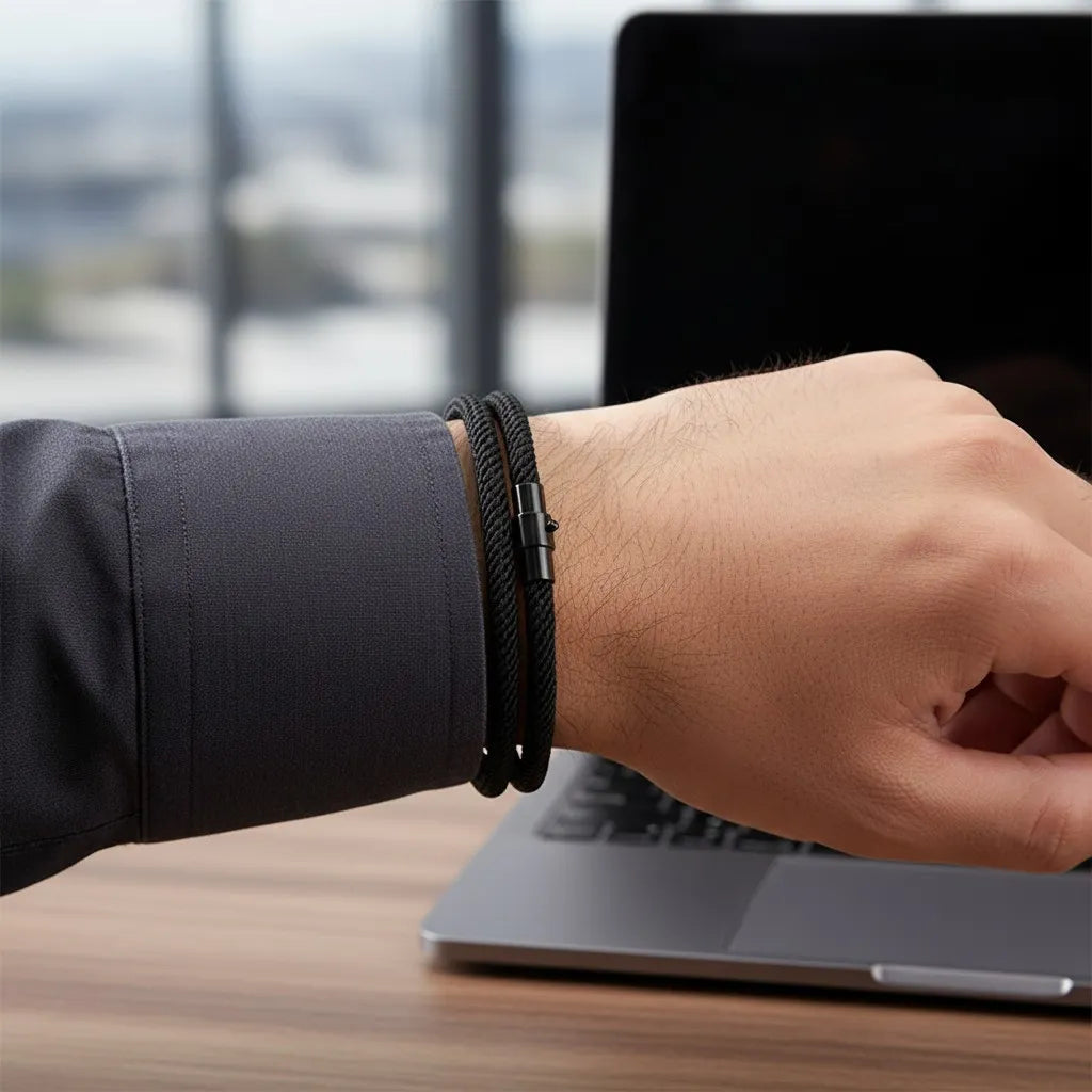 Homem usando pulseira masculina de corda preta enquanto trabalha no notebook.