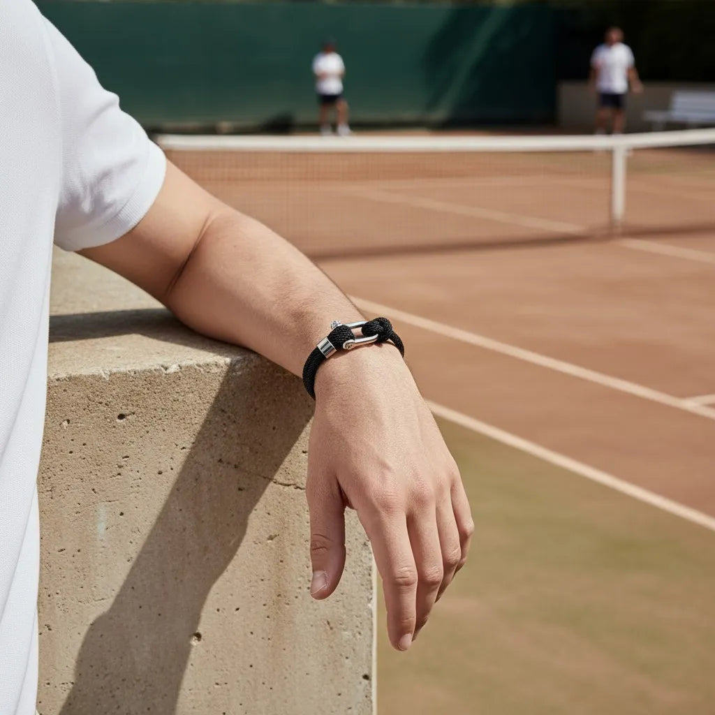 Pulseira masculina de corda preta com fecho metálico prateado usada em uma quadra de tênis.