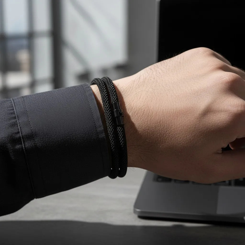 Detalhe de pulseira masculina de corda preta com fecho metálico ao lado de um notebook.