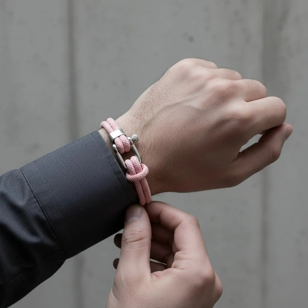 Homem ajustando pulseira masculina de corda rosa com fecho metálico prateado no pulso.