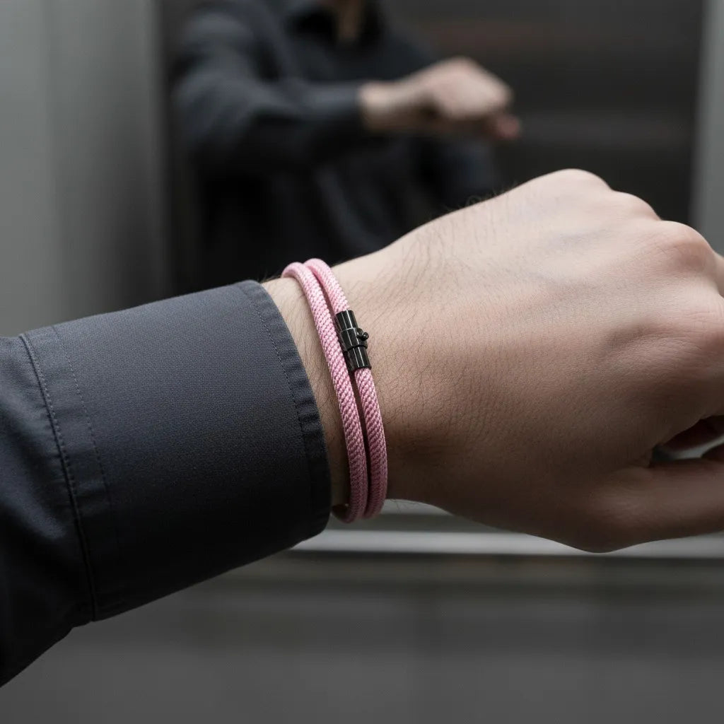 Detalhe de pulseira masculina de corda rosa com fecho preto em ambiente corporativo.