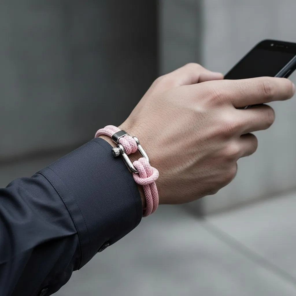 Homem usando celular e pulseira masculina de corda rosa com fecho metálico prateado.