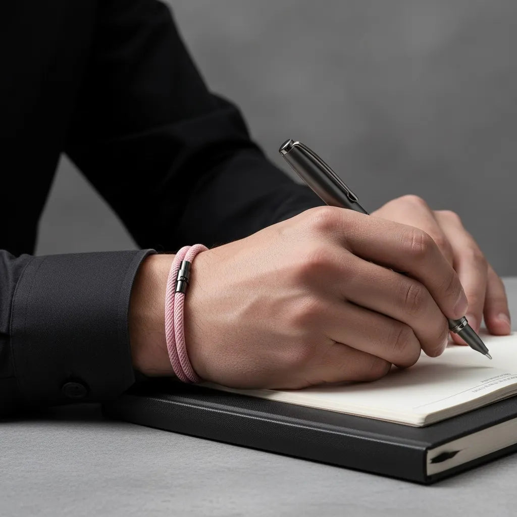 Homem escrevendo em um caderno e usando pulseira masculina de corda rosa no pulso.