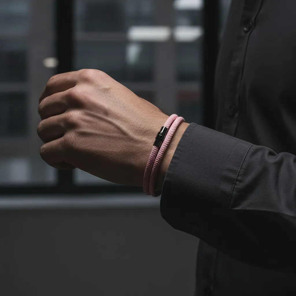 Homem com camisa social usando pulseira masculina de corda rosa em ambiente de escritório.