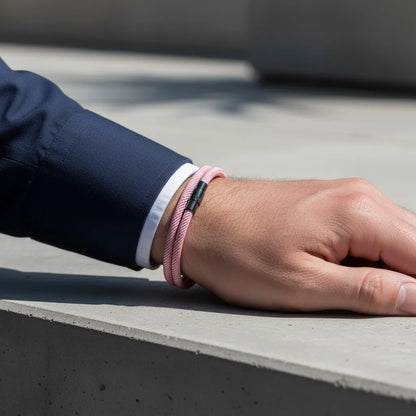 Detalhe de pulseira masculina de corda rosa de volta dupla combinada com traje social.