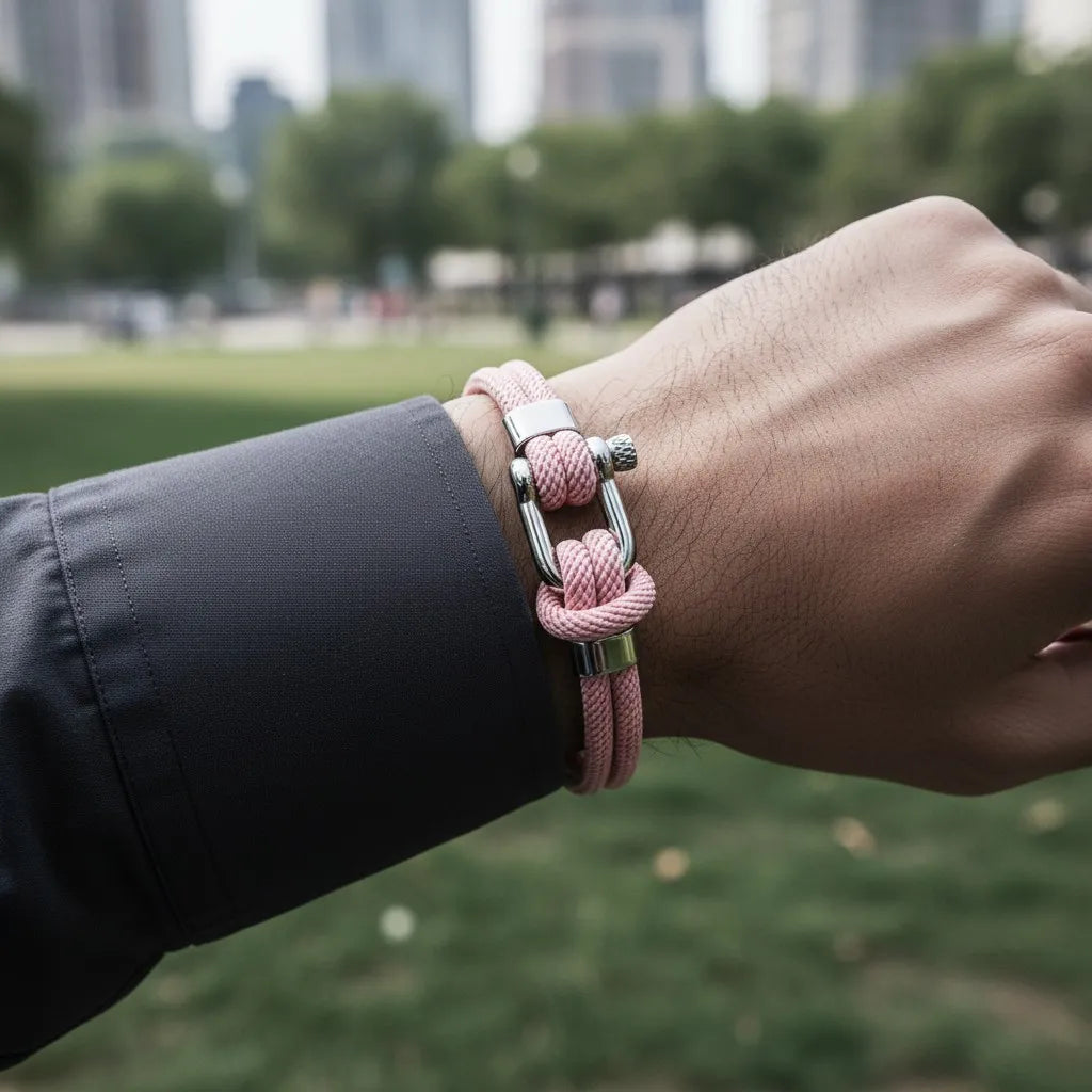 Detalhe de pulseira masculina de corda rosa com fecho prateado em um parque urbano.