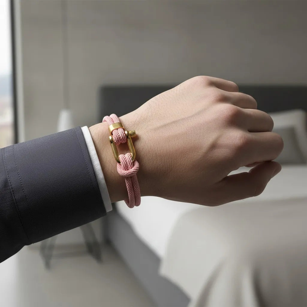 Homem usando pulseira masculina de corda rosa com fecho dourado em um ambiente elegante de quarto.