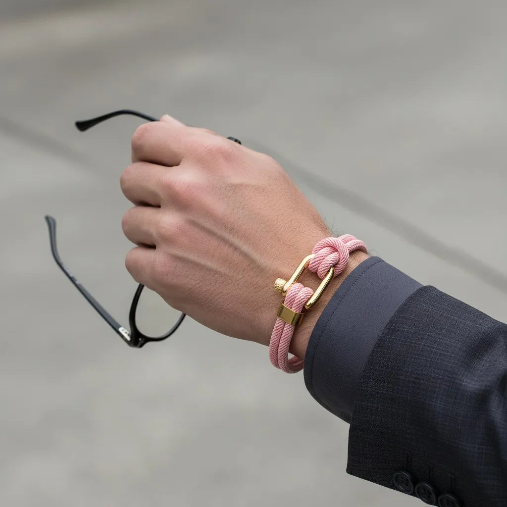Homem segurando óculos enquanto usa pulseira masculina de corda rosa com design sofisticado e fecho dourado.