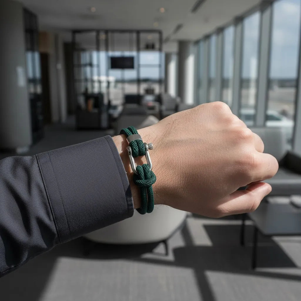Detalhe de pulseira masculina de corda verde com fecho metálico prateado em ambiente moderno.