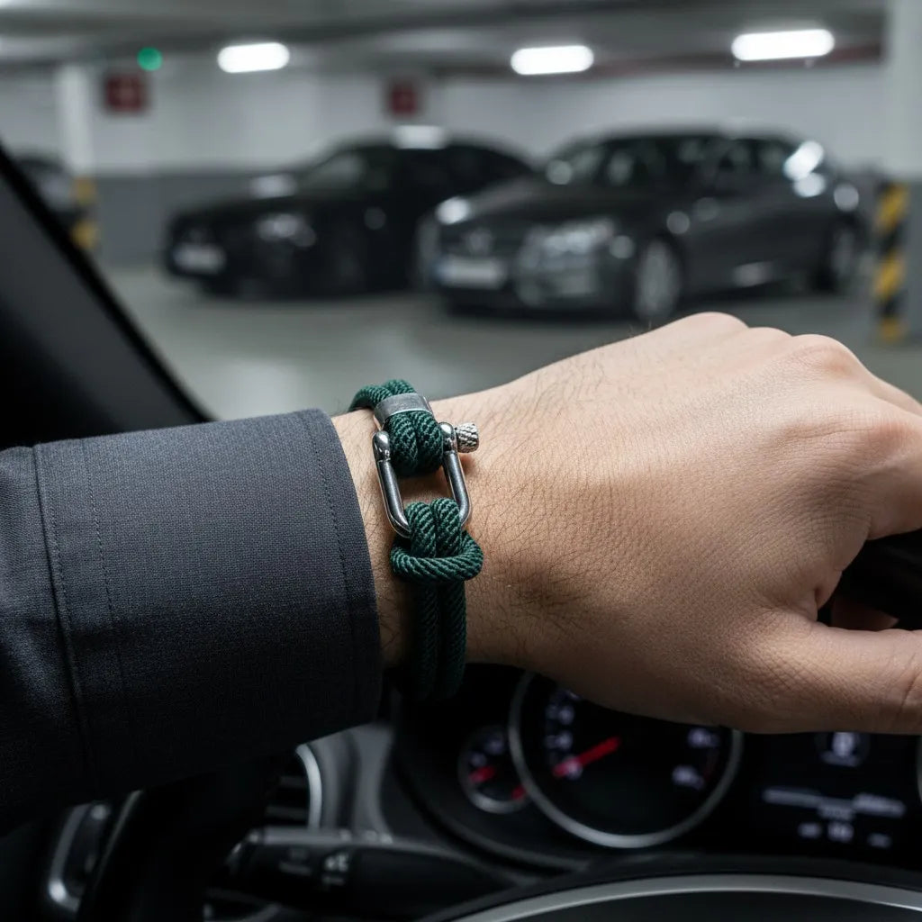 Homem usando pulseira masculina de corda verde com fecho prateado dentro de um carro.