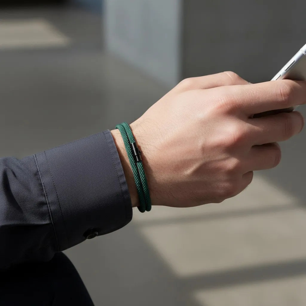 Homem usando celular e pulseira masculina de corda verde com fecho metálico preto.