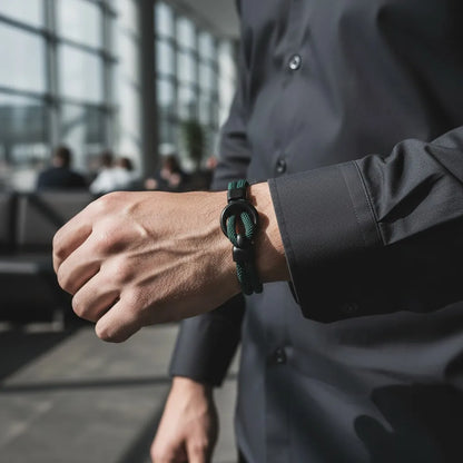 Homem usando pulseira masculina de corda verde com detalhe circular preto em ambiente moderno.