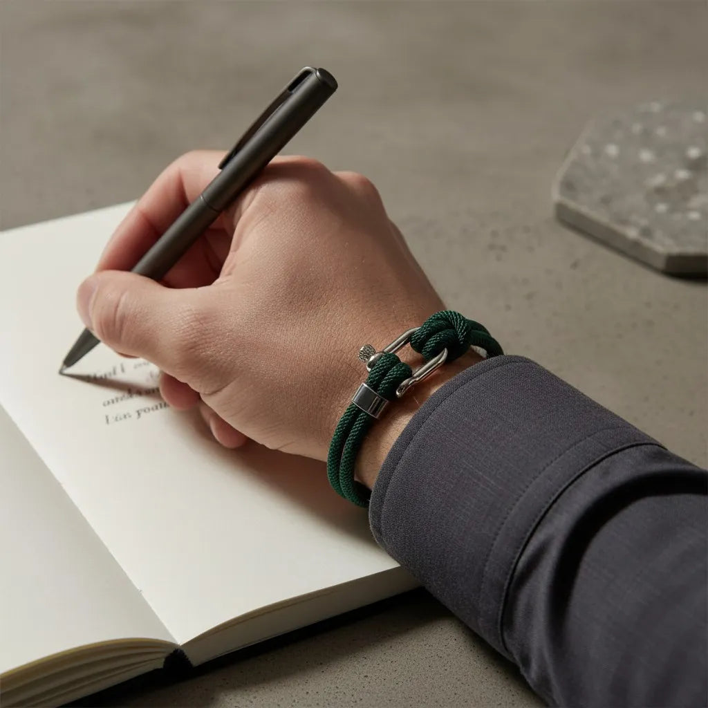 Homem escrevendo em um caderno e usando pulseira masculina de corda verde com fecho metálico prateado.