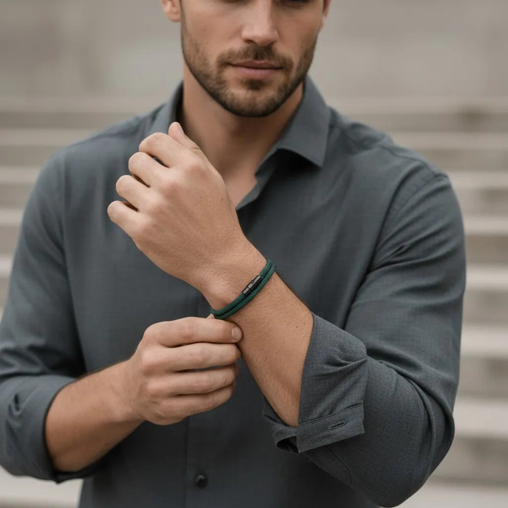 Modelo masculino com camisa social exibindo pulseira de corda verde de volta dupla no pulso.
