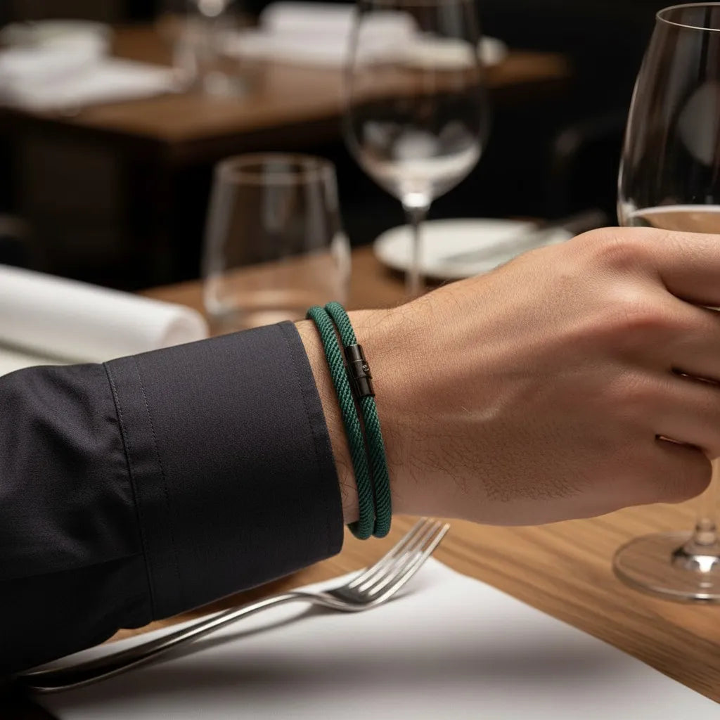 Homem usando pulseira masculina de corda verde com fecho preto em um restaurante.