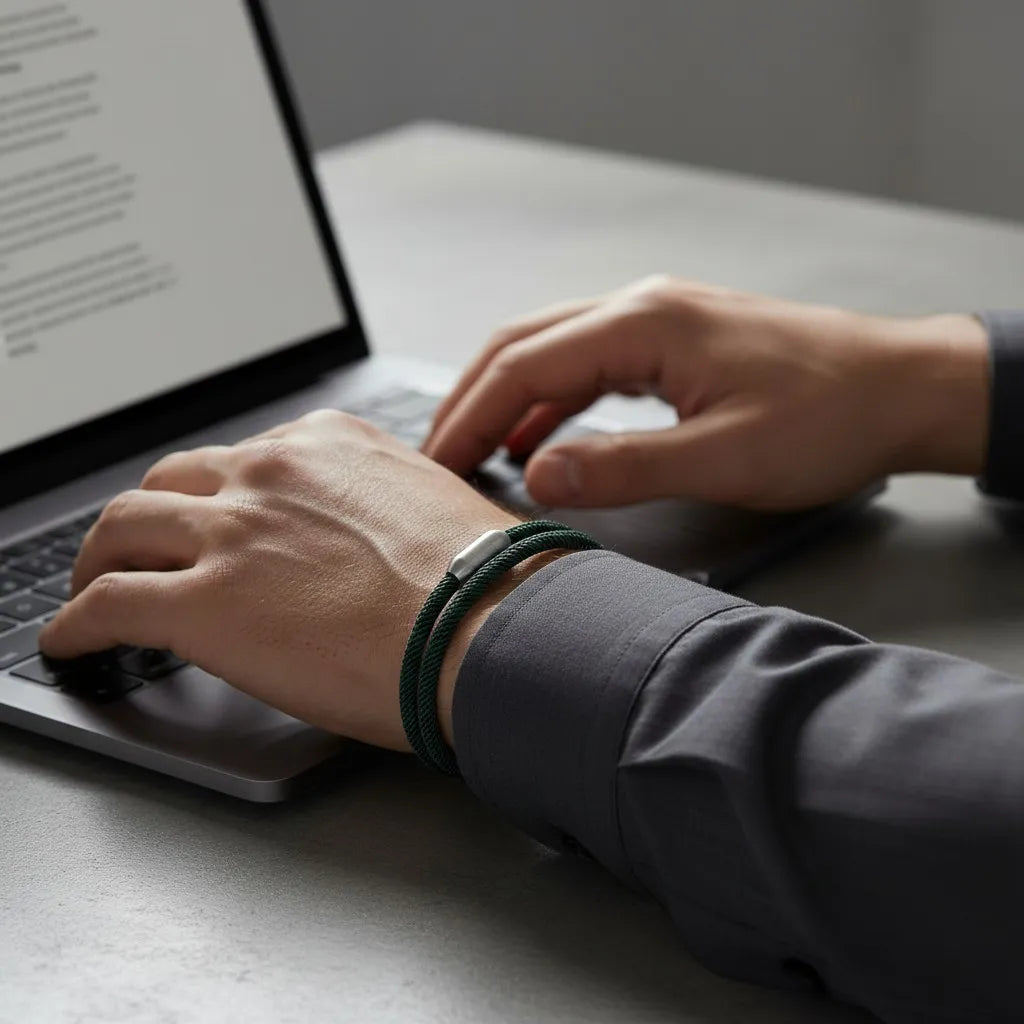Homem trabalhando no notebook enquanto usa pulseira masculina de corda verde com volta dupla e fecho metálico prateado.