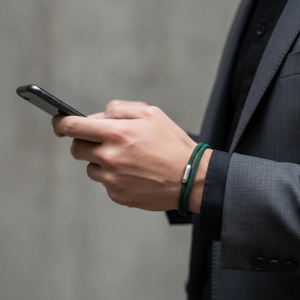 Homem usando celular enquanto veste pulseira masculina de corda verde com fecho metálico prateado.